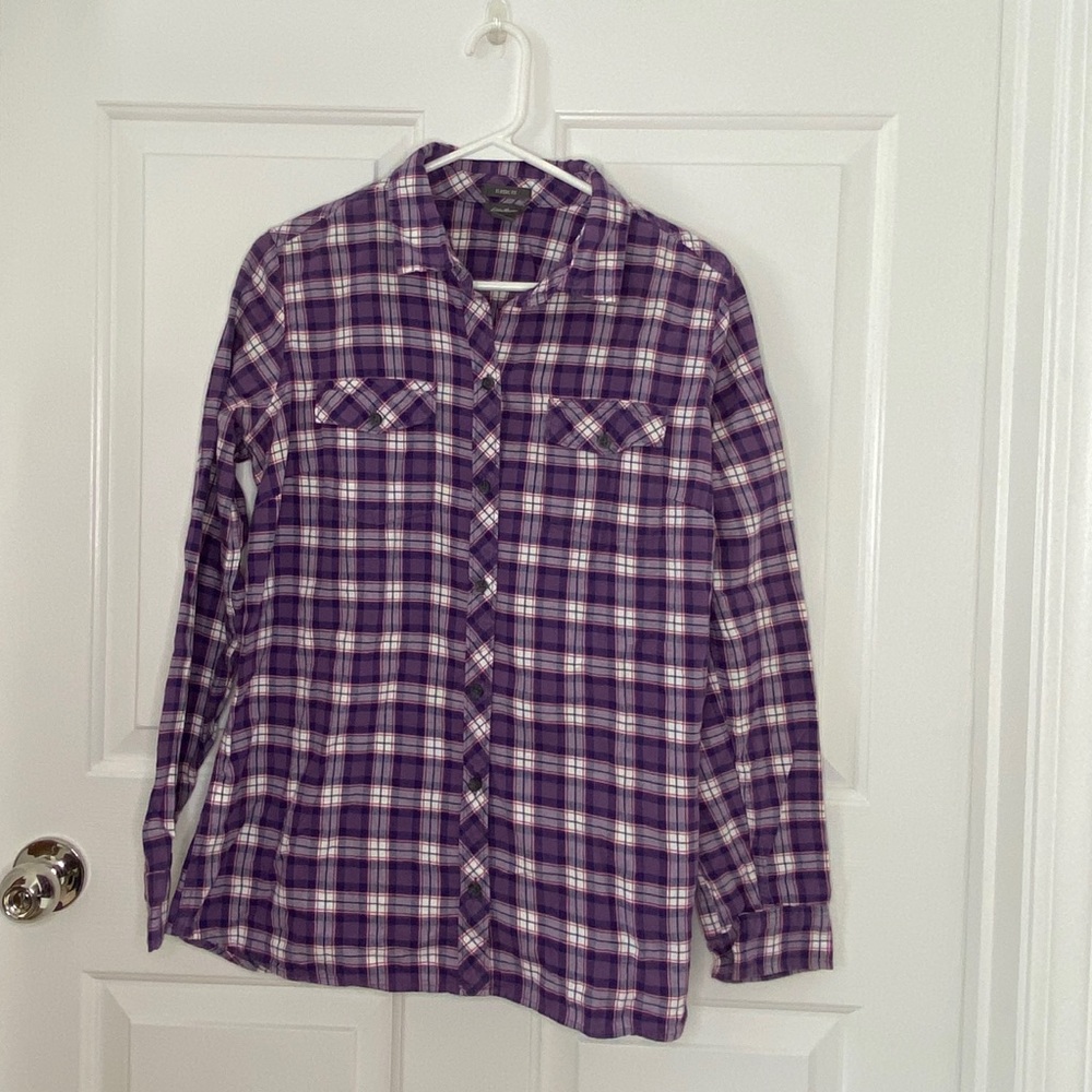 Eddie Bauer Classic Fit purple plaid flannel, size L